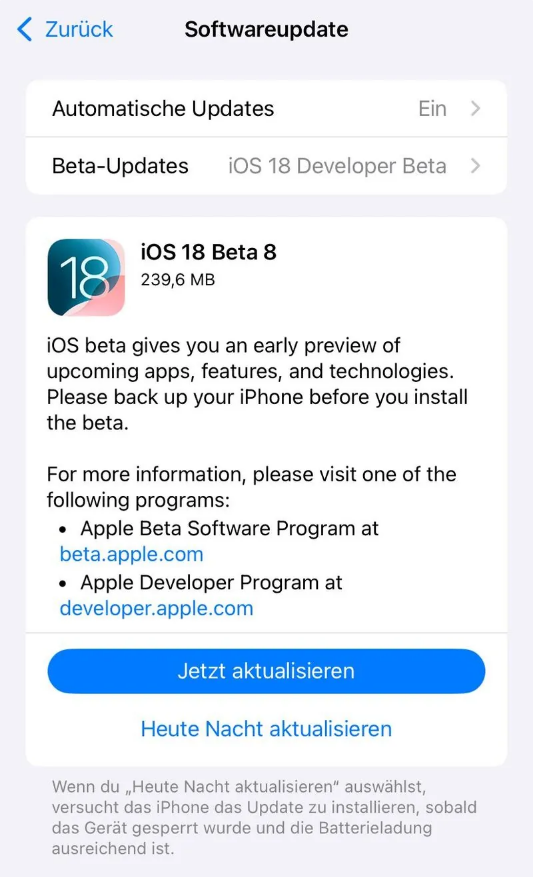 鹰潭苹果手机维修分享苹果 iOS / iPadOS 18 开发者预览版 Beta 8 发布 